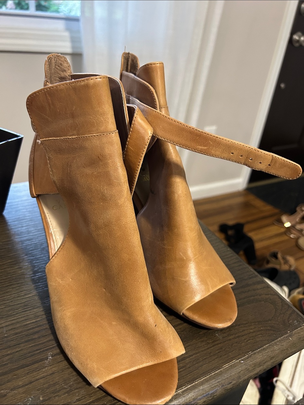 Vince Camuto Tan Open-Toe Leather Ankle Booties